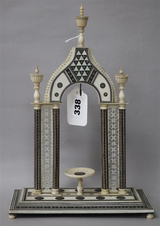 A Southern Indian ivory and sadeli work watch stand height 29.5cm width 20cm